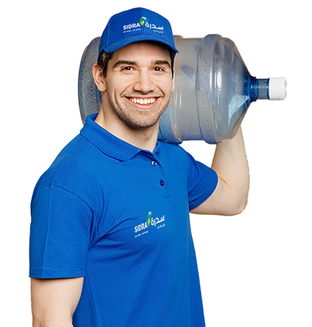 Sidra Water delivery representative carrying a 5-gallon bottle